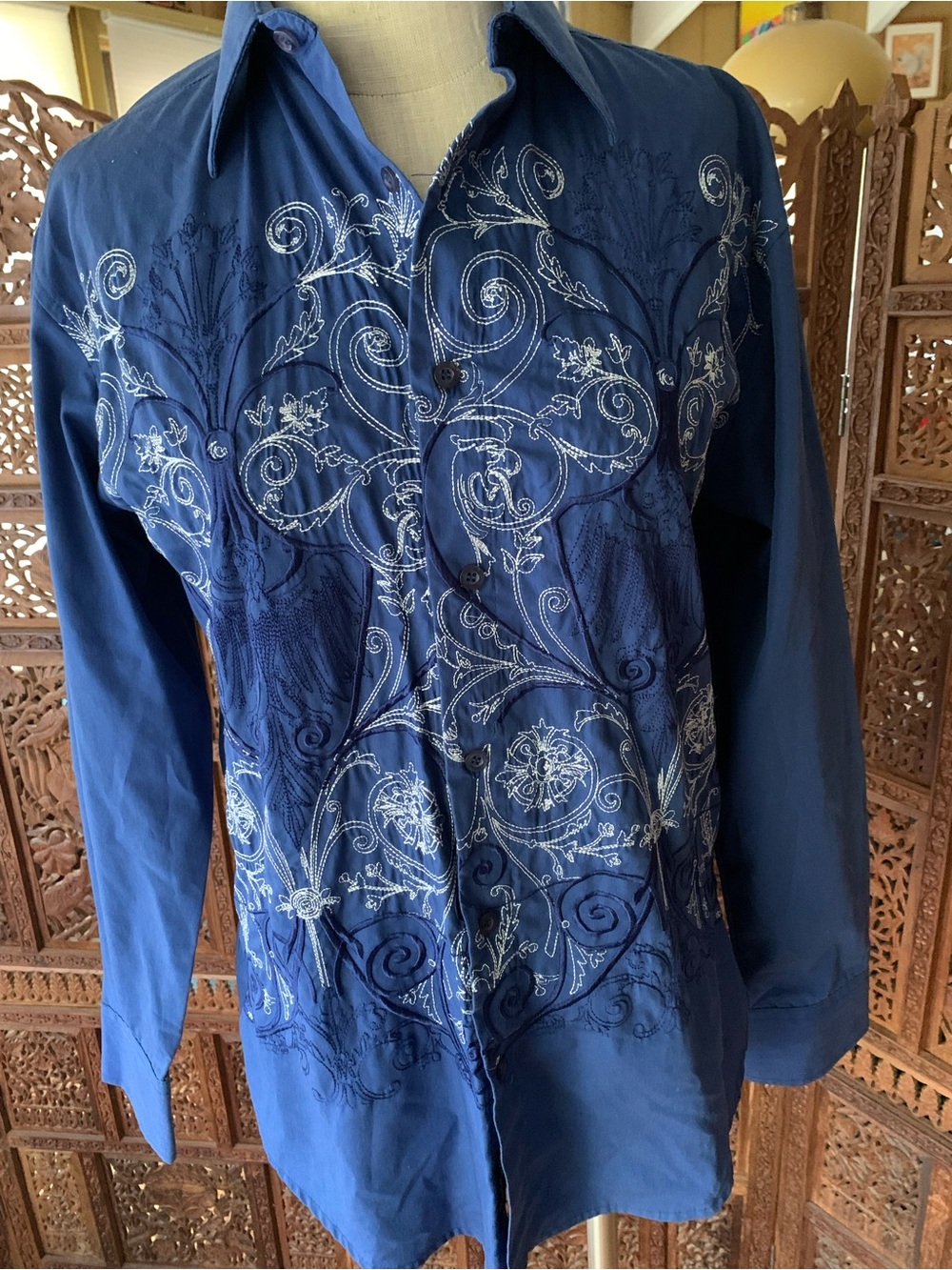 Patroncito USA Blue Button-Up Shirt White Embroidery